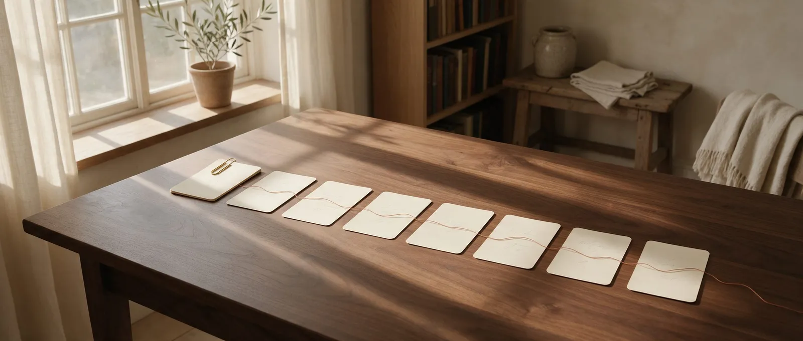 Huit fiches alignées sur un bureau en noyer, reliées par un fil terracotta
