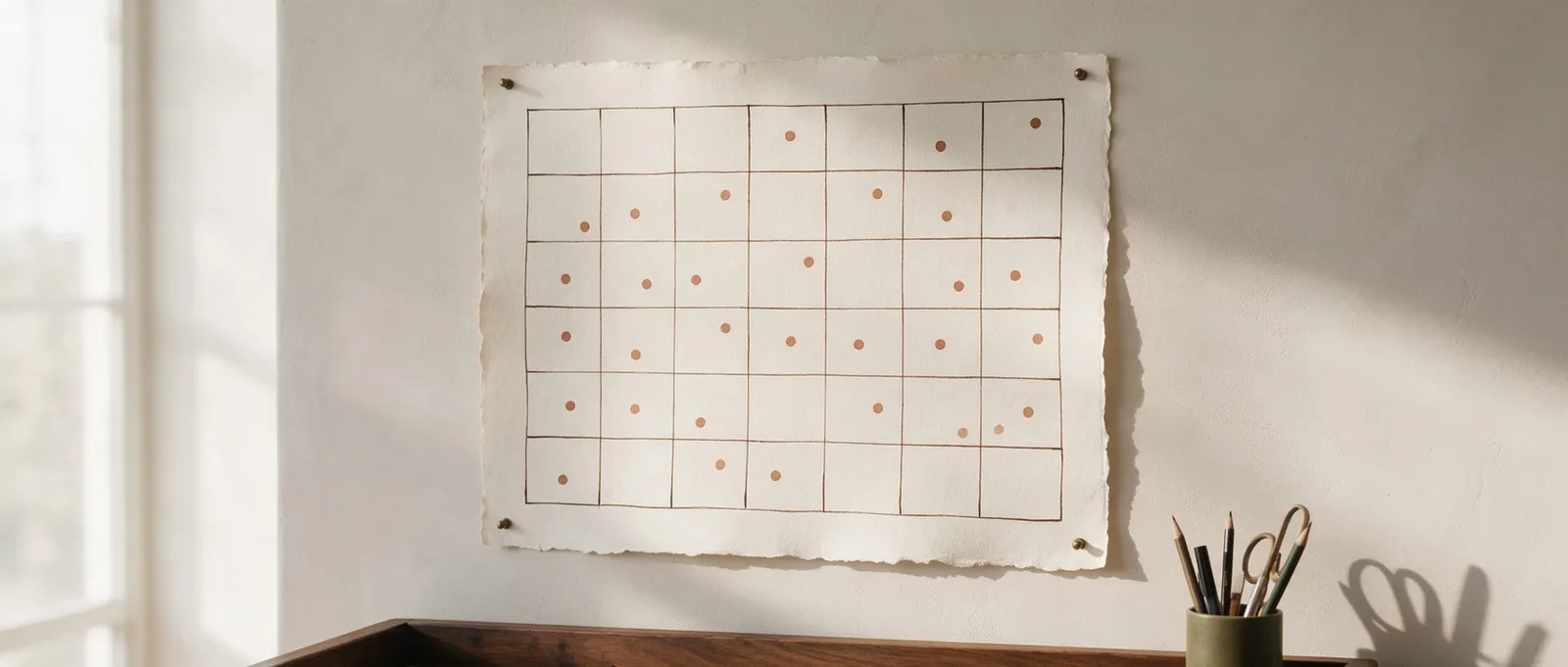 Un calendrier dessiné à la main, épinglé au mur, avec des pastilles terracotta sur une partie des cases