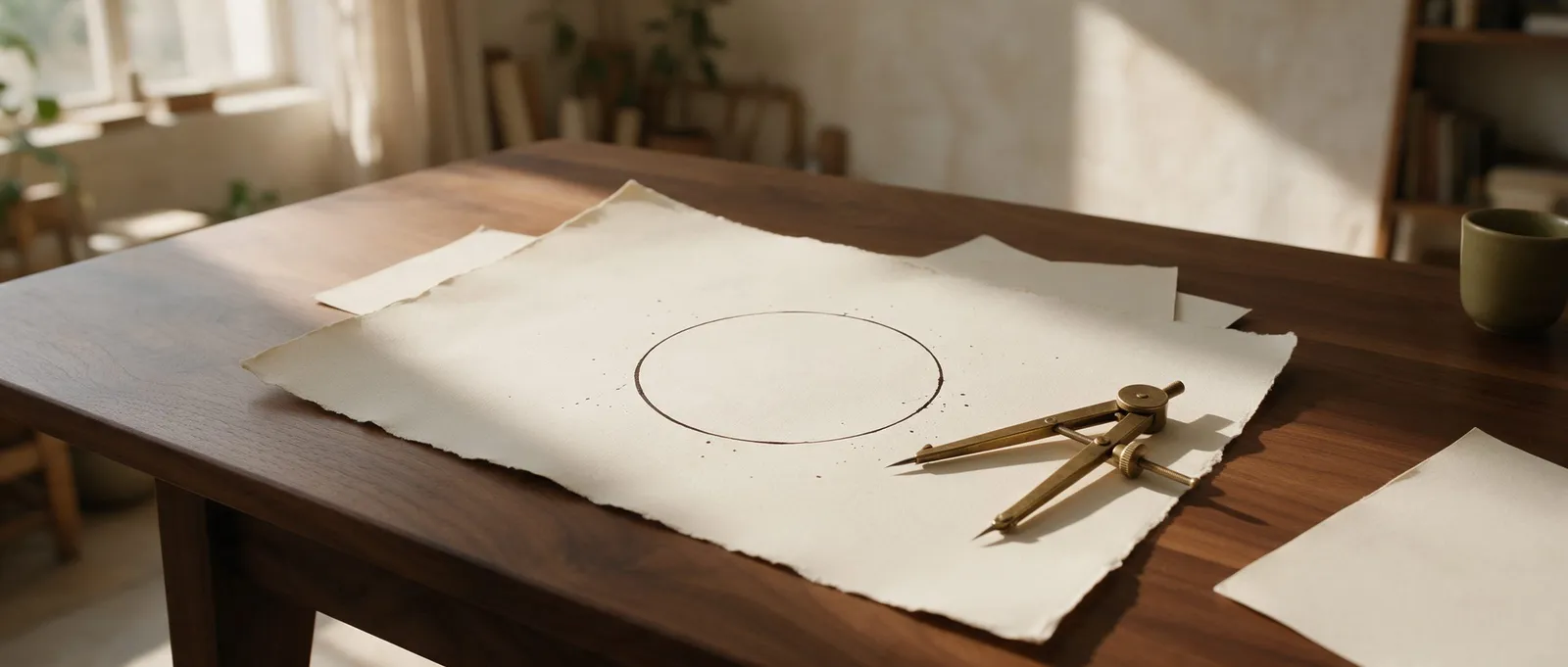 Un compas en laiton posé sur une feuille où un seul cercle a été tracé à l'encre