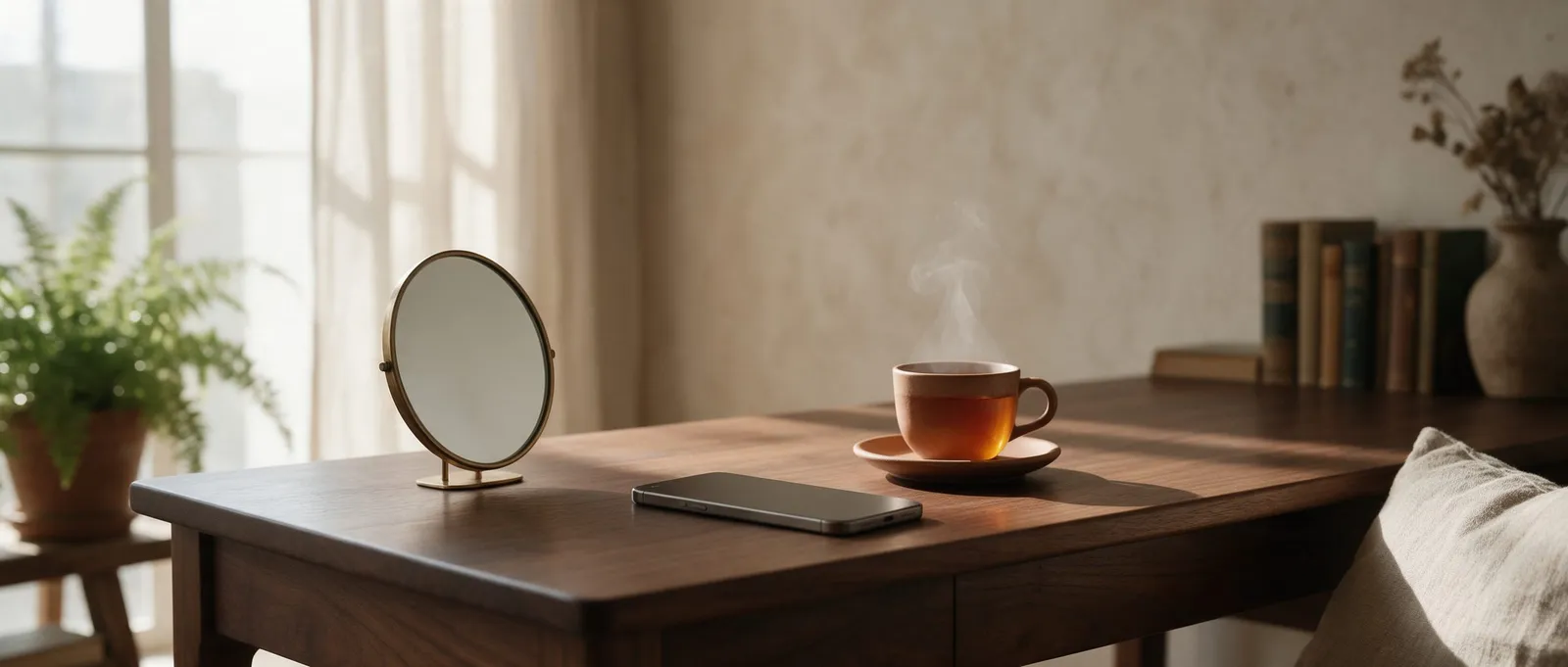 Un téléphone retourné sur un bureau, à côté d'un petit miroir rond et d'une tasse de thé