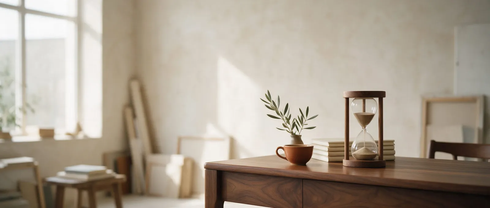 Un sablier qui s'écoule à côté d'une pile de carnets et d'une tasse terracotta