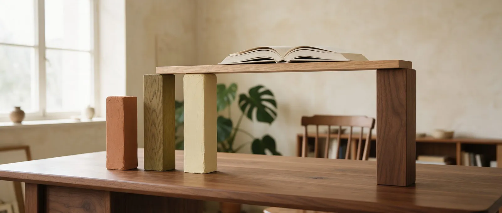 Quatre colonnes de bois et de terre qui soutiennent une planche où repose un livre ouvert