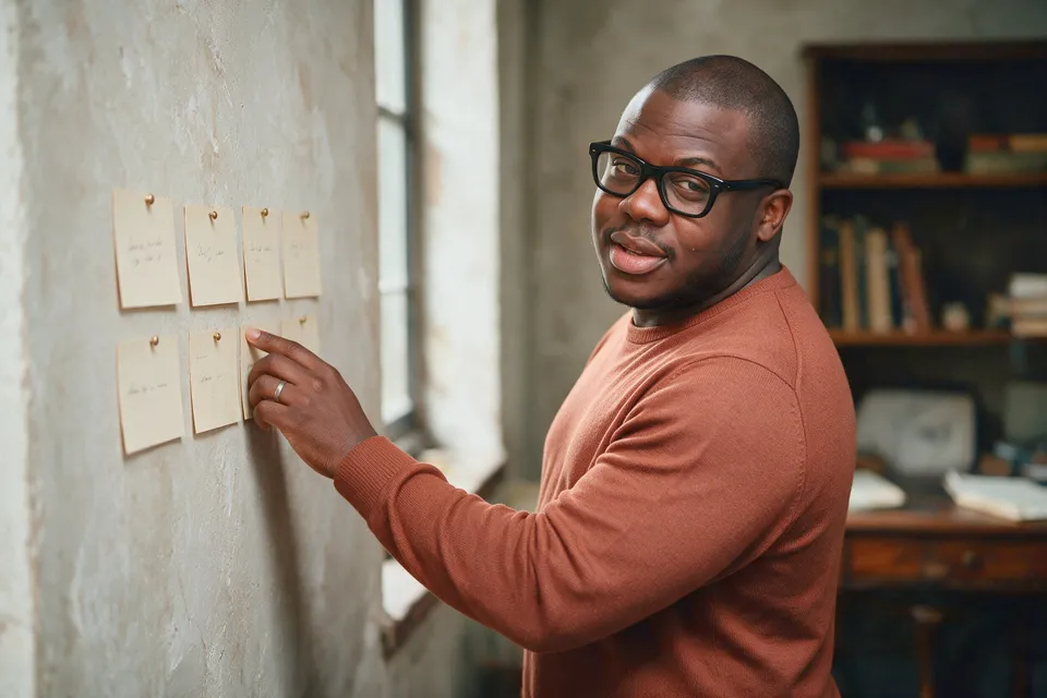 William Angora devant les fiches de sa méthode épinglées au mur de l'atelier
