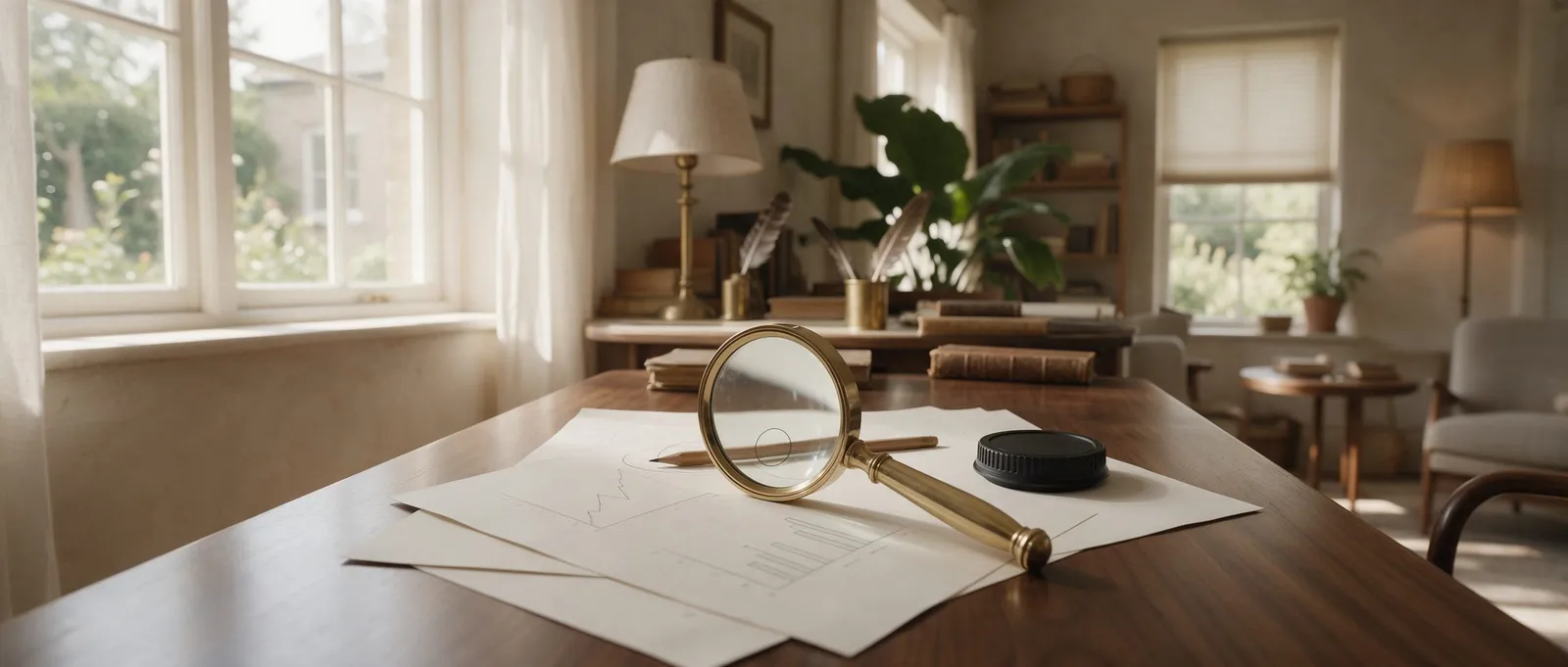 Une loupe en laiton posée sur des feuilles de graphiques, sur un bureau en noyer