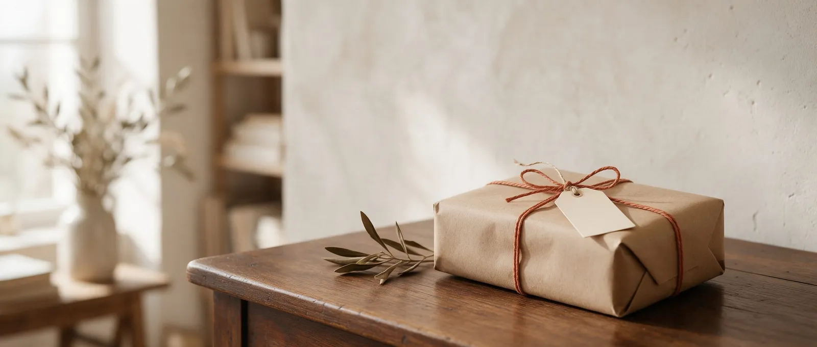 Un petit paquet emballé de papier kraft et noué d'une ficelle terracotta, prêt à offrir